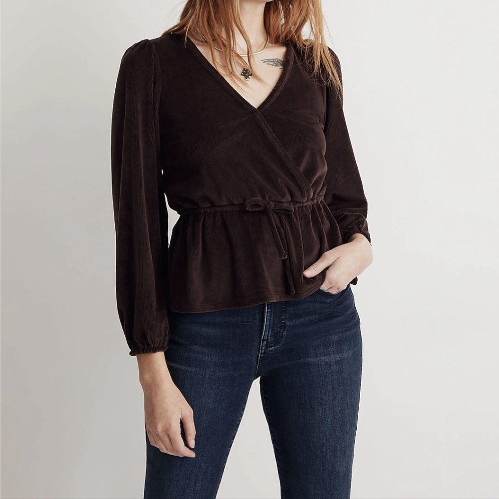 Madewell Corduroy Tie-Front Faux-Wrap 3/4 Sleeve Top in Spiced Raisin Size Small